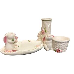 Vintage Easter 3 Piece Avon 1985 Ceramic Bunny & Floral Trinket Tray And Vase Se